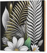 Botanical Palm Leaves On Black Background Wood Print