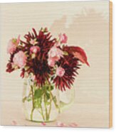 Bouquet Of Autumn Flowers In A Green Glass Pitcher Wood Print