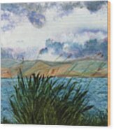 Brewing Storm Over Lake Watercolor Painting Wood Print
