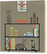 Brown Gray Tabby Cats On Bookcase Wood Print