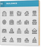 Building Line Icons. Editable Stroke. Pixel Perfect. For Mobile And Web. Contains Such Icons As Building, Architecture, Construction, Real Estate, House, Home, School, Hotel, Church, Castle. Wood Print