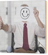 Businessman Holding Picture Of Happy Face Wood Print