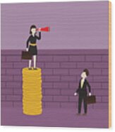 Businesswoman With A Telescope Stands On A Stack Of The Coin For Looking Over The Wall Wood Print