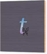 Butterfly Silhouette On Monogram Lower Case T Gradient Blue Purple Wood Print