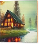 Cabin On A River Wood Print