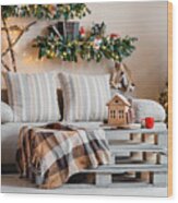 Calm Image Of Interior Modern Home Living Room Decorated Christmas Wood Print