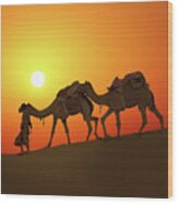 Cameleerand Camels - Silhouette Against Sunset Wood Print