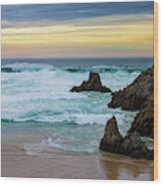 Campelo Beach At Dusk Under Dramatic Yellow And Blue Sky Ferrol La Coruna Galicia Wood Print