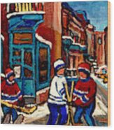 Canadian Winter Street Scene Wilensky's Diner And Hockey Art Quebec Artiste Peintre Carole Spandau Wood Print