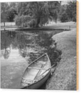 Canoe In Spring In Black And White Wood Print