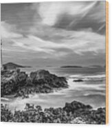 Cape Elizabeth Maine Lighthouse Monochrome Panorama - Portland Head Light Wood Print