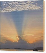 Caribbean Sunset Behind Clouds With Sailboat Wood Print
