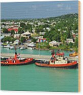 Caribbean Tugboats With Antigua Skyline Wood Print