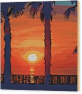 Ocean Sunset Between Two Palm Trees Wood Print