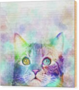 Cat 663 Multicolor Cat By Artist Lucie Dumas Wood Print