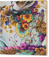 Cat In A Cup Ginette In Wonderland Digital Art Wood Print