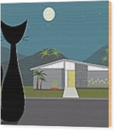 Cat Looking At Gray Mid Century Modern House Wood Print