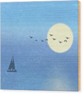 Catamaran Sailing Under A Full Moon On Blue Texture Wood Print
