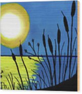 Cattails In The Moonlight Wood Print