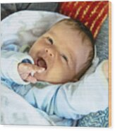 Caucasian Baby Boy Laughing On Sofa Wood Print