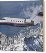 Challenger Corporate Jet Over Snowcapped Mountains Wood Print