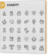 Charity And Donation Line Icons. Editable Stroke. Pixel Perfect. For Mobile And Web. Contains Such Icons As Charity, Donation, Giving, Food Donation, Teamwork, Relief. Wood Print