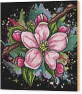 Cherry Blossom Painting On Black Background, Pink Flower Art Wood Print