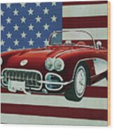 Chevrolet Corvette C1 From 1960 In Front Of The American Flag Wood Print