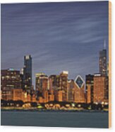 Chicago Skyline At Night Color Panoramic Wood Print