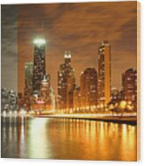 Chicago Skyline Night Lights Water Wood Print