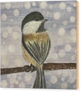 Chickadee In Snow Wood Print