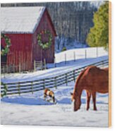 Christmas Horse Farm Wood Print