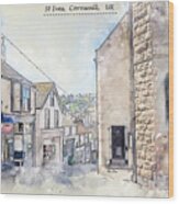 City Life Of St Ives, Cornwall, Uk, In Sketch Style Wood Print