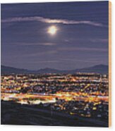 City Lights Of Tucson, Arizona Skyline And Moon Panorama Wood Print