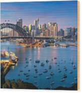 Cityscape Image Of Sydney, Australia With Harbor Bridge And Sydney Skyline During Sunset. Vacation And Travel In Australia. Wood Print