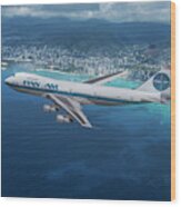 Classic Pan Am Boeing 747 Over Waikiki Beach Hawaii Wood Print