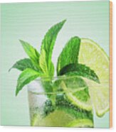 Closeup Mojito Cocktail With Ice Isolated Over Pastel Background Wood Print