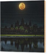 Colorful Moon Over 12th Century Panorama  Angkor Wat Cambodia Wood Print