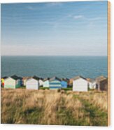 Colourful Holiday Wooden Beach Huts Facing The  Sea. Wood Print