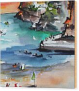 Contemporary Italy Amalfi Coast Watercolor And Ink Art Wood Print
