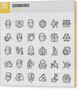 Coronavirus - Thin Line Vector Icon Set. Pixel Perfect. The Set Contains Icons: Coronavirus, Sneezing, Coughing, Doctor, Fever, Quarantine, Cold And Flu, Face Mask, Vaccination. Wood Print