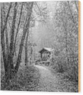 Covered Bridge Along The Trail Black And White Wood Print