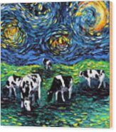 Cow Starry Night Wood Print