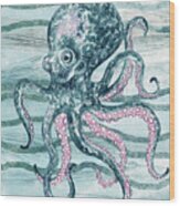 Cute Teal Blue Watercolor Octopus On Calm Wave Beach Art Wood Print