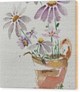 Daisies In A Rusty Copper Pitcher Wood Print