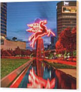 Dallas Skyline And The Red Pegasus Panorama Wood Print