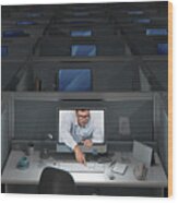 Dark Office, One Computer On, Man Touches Keyboard Wood Print