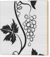 Decorative Stylized Grapevine With Grape Bunch And Three Leaves Wood Print