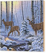 A Deer Family Winter Sunrise Scene Wood Print