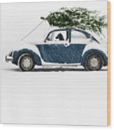 Dog In Car With Christmas Tree Wood Print